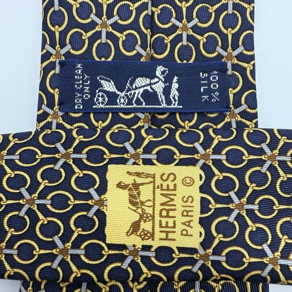 Hermes Mens Tie Equestrian Horsebits Blue Navy Gold Silk 7084 OA‎
